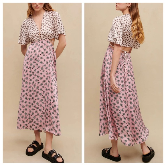 Maje Ralmier Mix Palm Print Rose Pink Cutout Maxi Dress